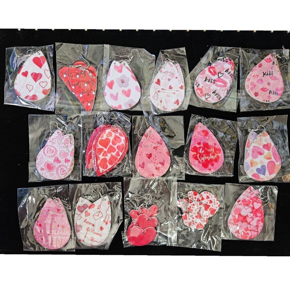 16 Pair Valentine Heart Faux Leather Earrings Love Lot NEW